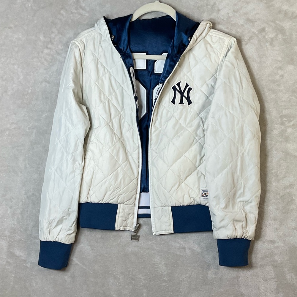 Vtg GIII Carl Banks Yankees Satin Reversible Hooded Bomber Jacket M MLB - Picture 7 of 10